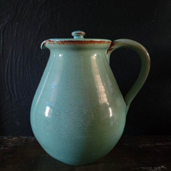 Vintage Red Clay Pottery Pitcher With Lid with Green Glaze Finish - Picture 1 of 8